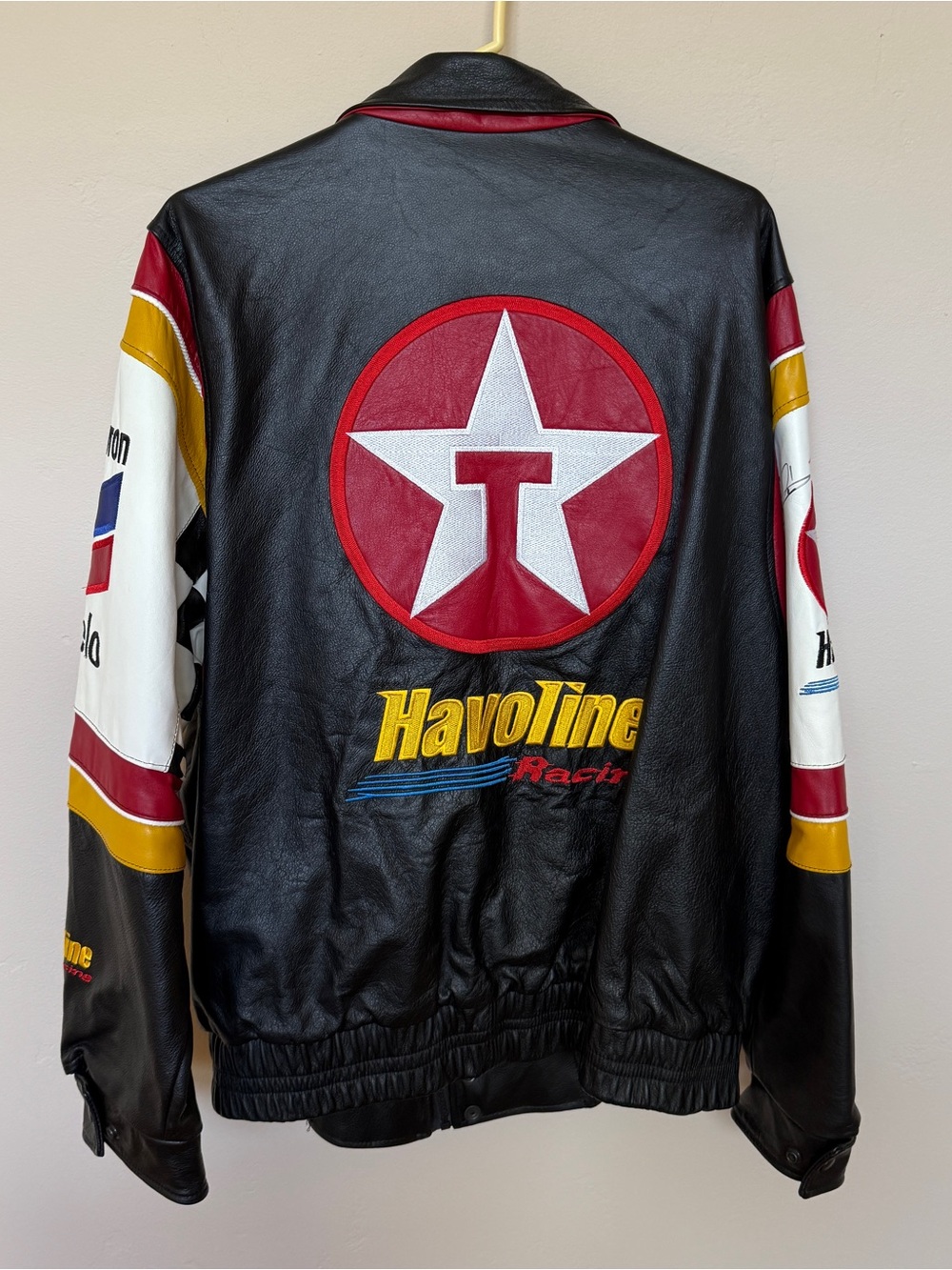 CUSTOM VINTAGE CHEVRON TEXACO NASCAR RACING LEATHER JACKET 3 AUTOGRAPHS MEN XL - Picture 3 of 16